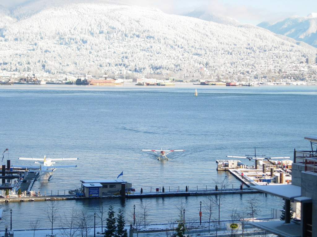 view from hotel room, plane landing in water