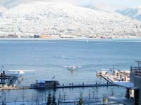 view from hotel room, plane landing in water